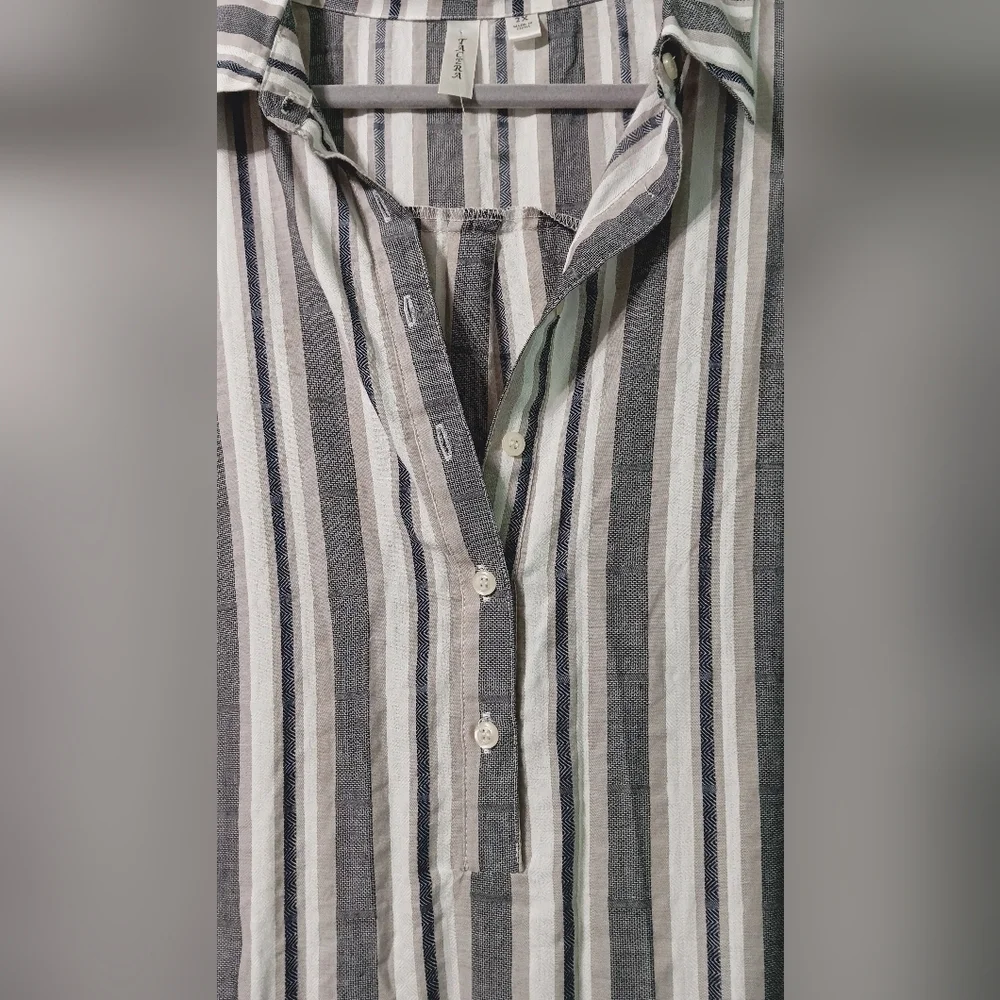 Tacera 100% Cotton Midi Dress Striped White/ Gray Size 2X Button Down